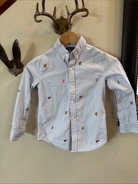 Janie and Jack Light Blue Striped Button-Down Shirt with Embroidered Accents